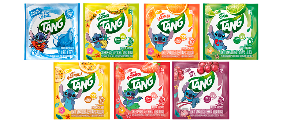 Imagem destaque: Tang lança edição limitada de Stitch, com sete embalagens temáticas e novo sabor