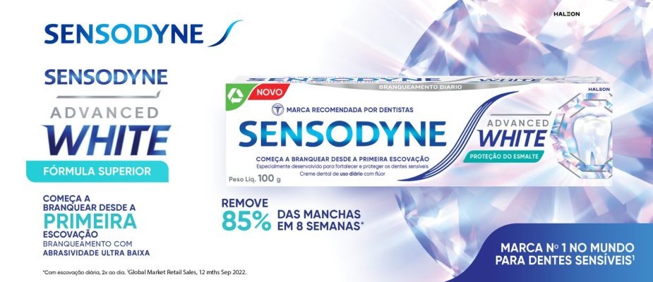 Imagem destaque: Sensodyne apresenta seu super lançamento Advanced White, prometendo começar a branquear os dentes desde a primeira escovação!