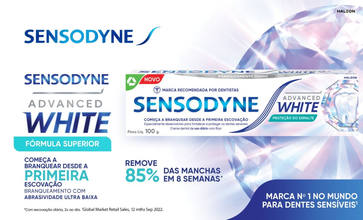 Imagem: Sensodyne apresenta seu super lançamento Advanced White, prometendo começar a branquear os dentes desde a primeira escovação!