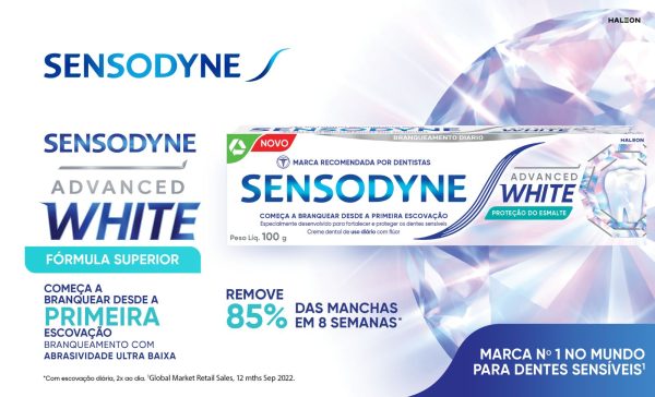 Imagem: Sensodyne apresenta seu super lançamento Advanced White, prometendo começar a branquear os dentes desde a primeira escovação!