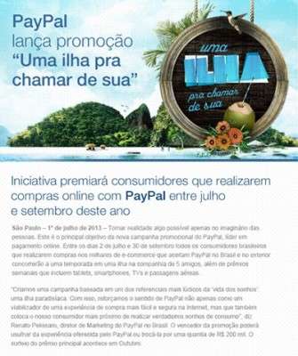 Imagem: Promoção "Uma Ilha pra Chamar de Sua" da PayPal